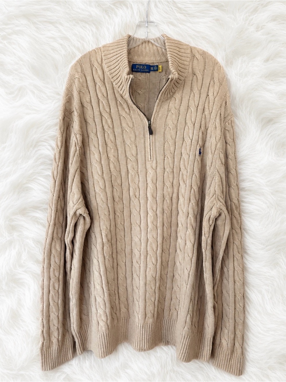 Polo Ralph Lauren Men's 3XL Cable Knit Quarter Zip Sweater Tan